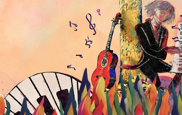Watercolor of a pianist playing a piece under a tree where a guitar is placed. Leaves of all colors are in front of the scene